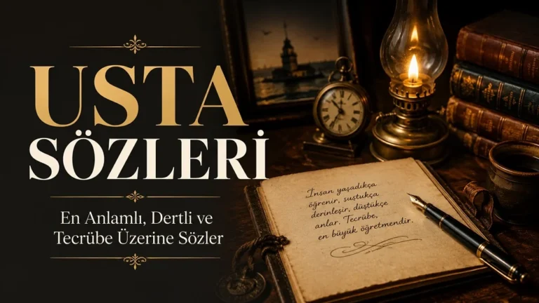 Usta sözleri başlıklı, eski kitaplar, gaz lambası, cep saati, kalem ve defter bulunan; anlamlı, dertli ve tecrübe üzerine sözler temasını yansıtan nostaljik kapak görseli.