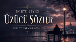 En Etkileyici Üzücü Sözler Kısa ve Anlamlı Mesajlar başlıklı, yağmurlu akşamda sahil kenarında yalnız oturan kişi ve şehir ışıklarıyla hazırlanmış hüzünlü kapak görseli.