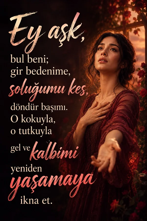Elini uzatan kadın figürüyle aşkın kalbi yeniden yaşatmasını anlatan romantik söz.