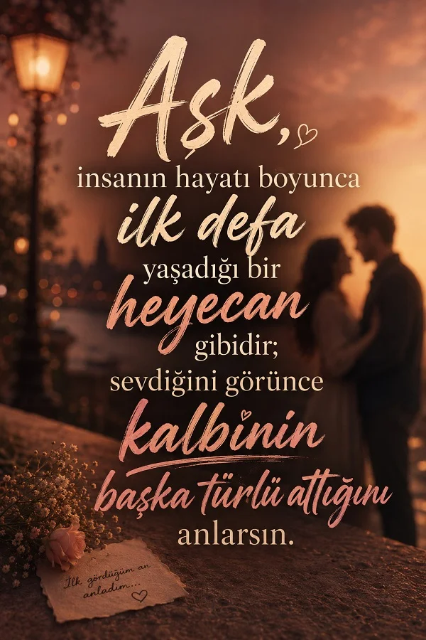 Gün batımında çift silueti eşliğinde aşkın ilk heyecanını anlatan romantik söz.