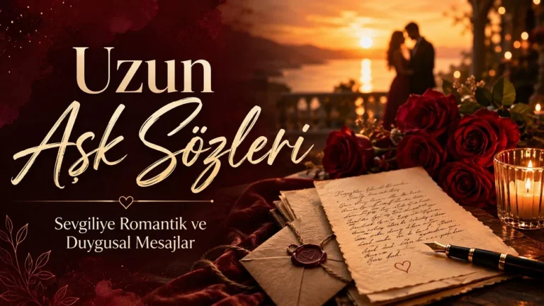 Uzun Aşk Sözleri başlıklı, gün batımında çift silueti, kırmızı güller, mum ışığı, mektup ve romantik detaylarla hazırlanmış kapak görseli.