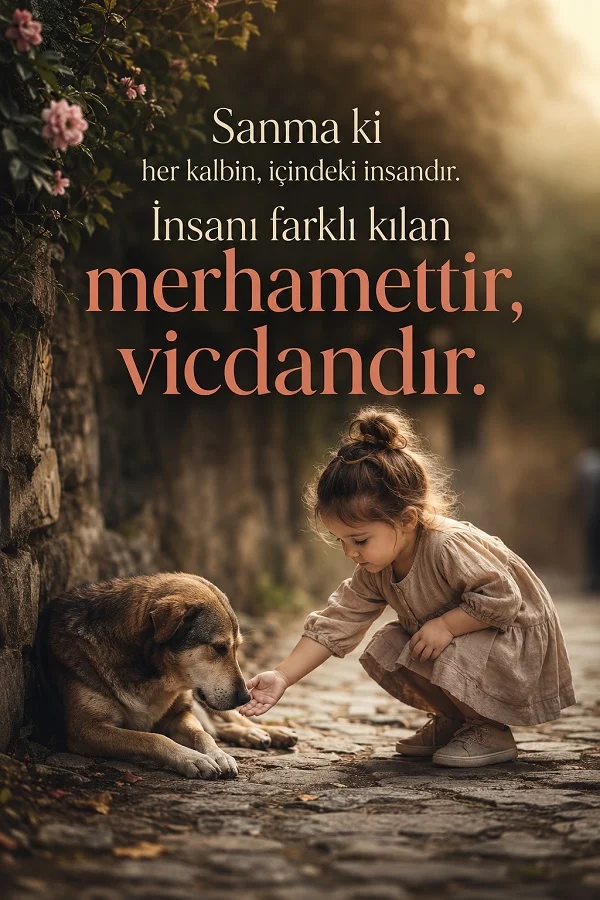 Sokakta bir köpeğe sevgiyle yaklaşan çocuk ve “İnsanı farklı kılan merhamettir, vicdandır” sözünün yer aldığı anlamlı vicdan temalı görsel.