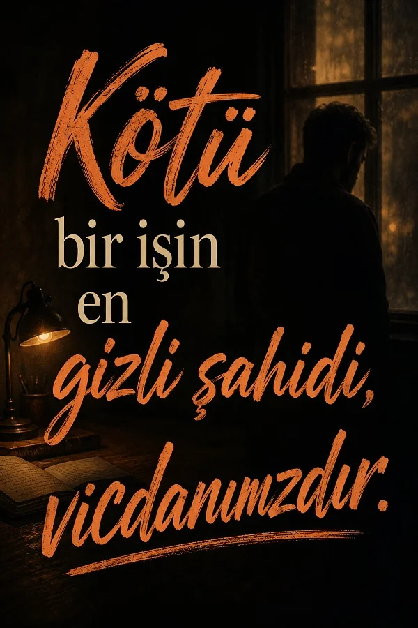 Loş odada pencereye bakan insan silüeti ve “Kötü bir işin en gizli şahidi, vicdanımızdır.” yazılı vicdan sözü görseli.