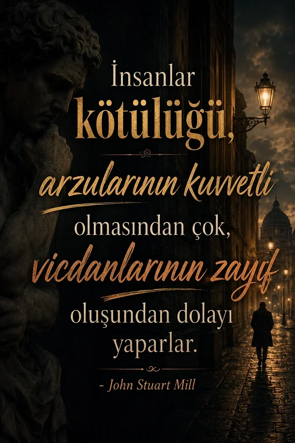Karanlık şehir sokağı, heykel ve yalnız insan silüeti eşliğinde John Stuart Mill’e atfedilen vicdan ve kötülük temalı söz görseli.