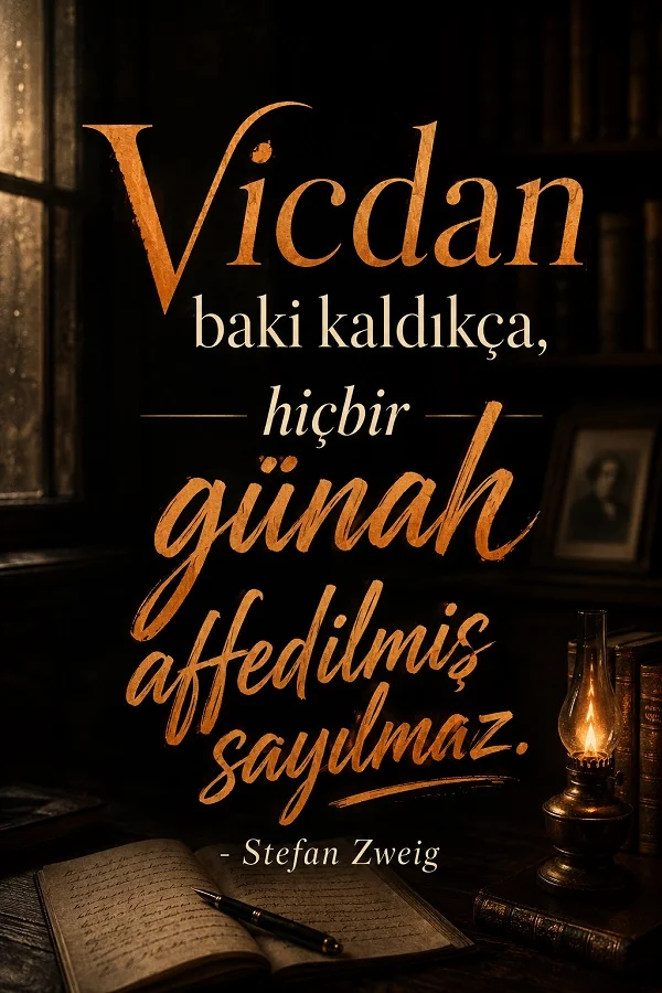Gaz lambası, eski kitaplar ve defter fonunda Stefan Zweig’e atfedilen “Vicdan baki kaldıkça, hiçbir günah affedilmiş sayılmaz.” yazılı söz görseli.