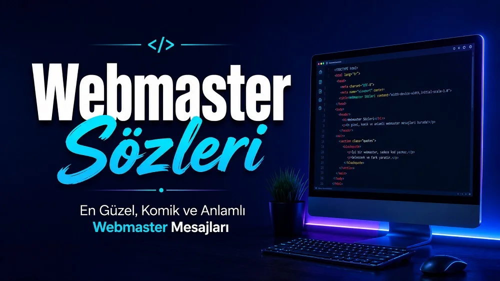 Webmaster sözleri başlığı bulunan, bilgisayar ekranı ve kod satırlarıyla hazırlanmış sade teknoloji temalı kapak görseli.