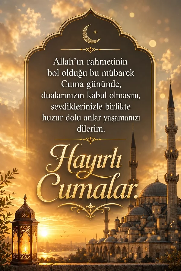 Gün batımında cami ve kandil eşliğinde “Allah’ın rahmetinin bol olduğu bu mübarek Cuma gününde...” sözleriyle hazırlanmış Hayırlı Cumalar mesajı.