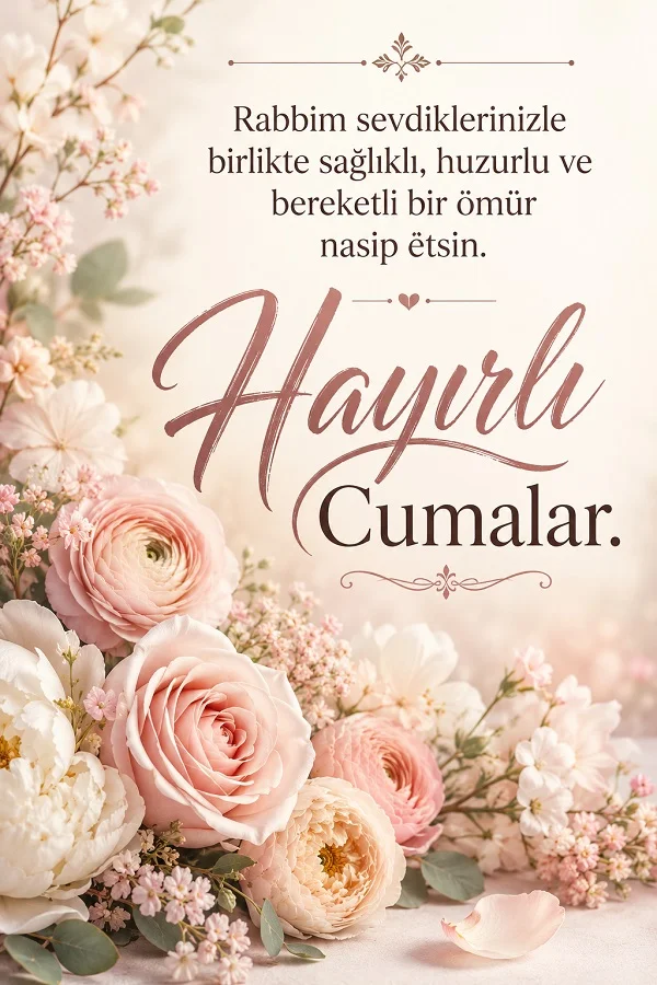 Açık pembe çiçeklerle süslenmiş görselde “Rabbim sevdiklerinizle birlikte sağlıklı, huzurlu ve bereketli bir ömür nasip etsin” yazılı Hayırlı Cumalar mesajı yer alıyor.
