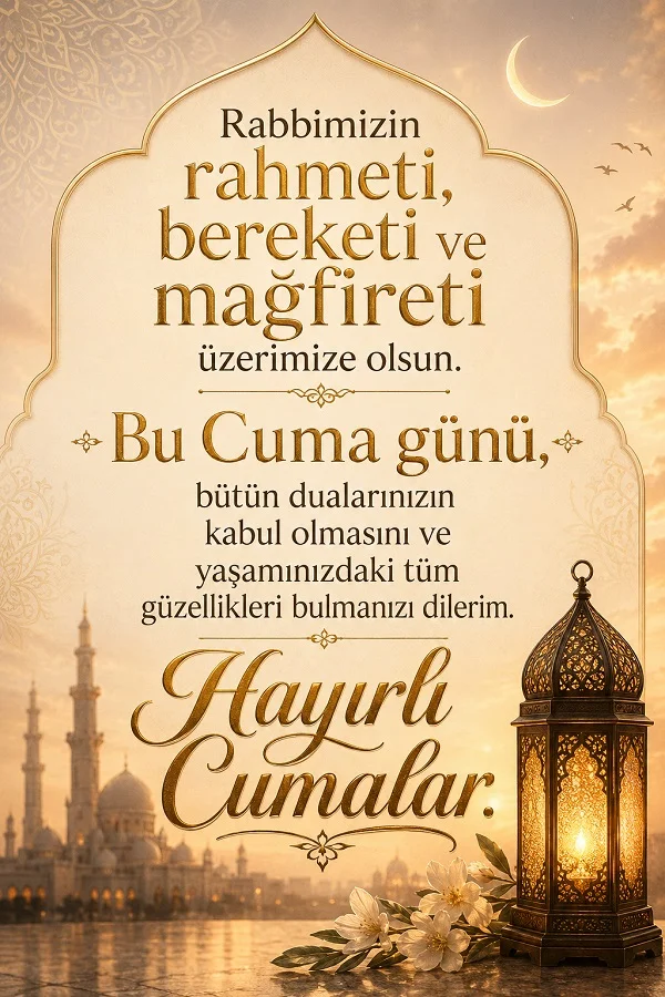 Krem tonlarda cami, kandil ve çiçeklerle süslenmiş “Rabbimizin rahmeti, bereketi ve mağfireti üzerimize olsun” temalı Hayırlı Cumalar mesajı.