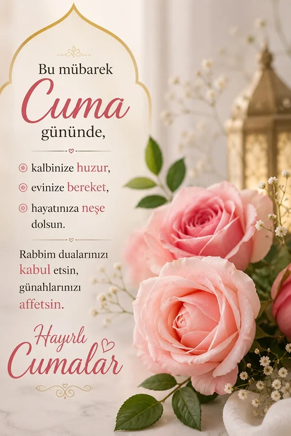 Pembe güllerle süslenmiş görselde “Bu mübarek Cuma gününde, kalbinize huzur...” sözleri ve Hayırlı Cumalar mesajı yer alıyor.