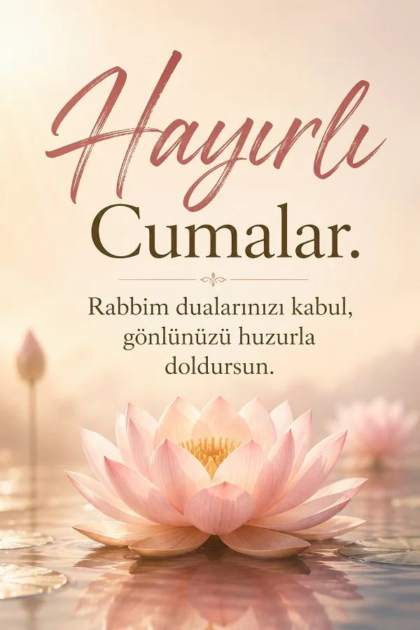 Lotus çiçeği eşliğinde “Rabbim dualarınızı kabul, gönlünüzü huzurla doldursun” sözlerinin yer aldığı sade Hayırlı Cumalar mesajı.