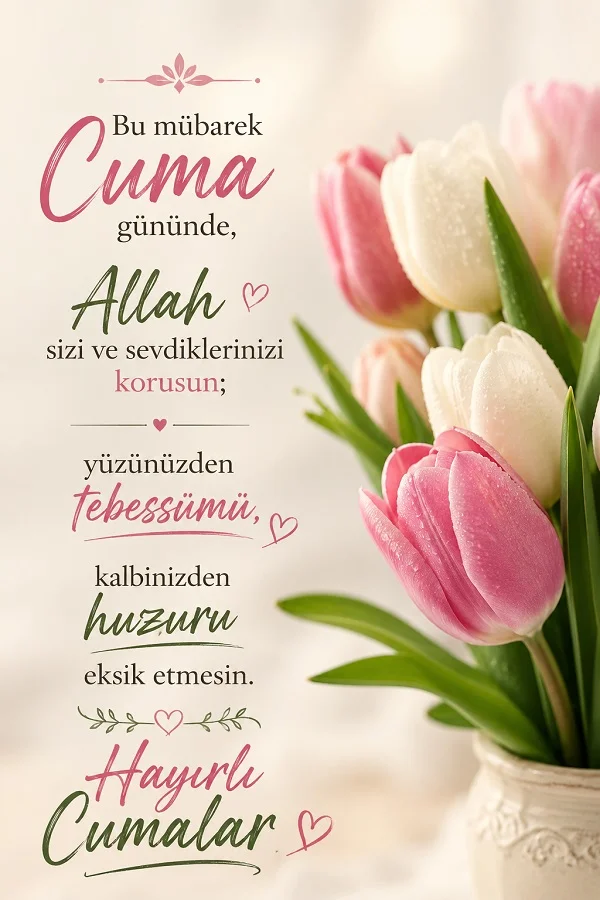 Pembe ve beyaz lalelerin bulunduğu görselde “Allah sizi ve sevdiklerinizi korusun...” sözleriyle Hayırlı Cumalar mesajı yer alıyor.