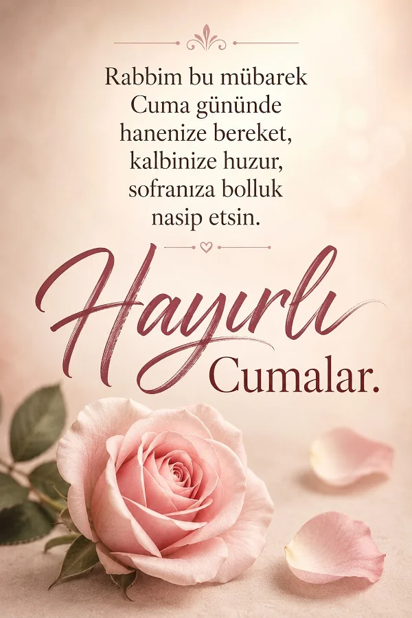 Pembe gül ve yapraklarla süslenen görselde “Rabbim bu mübarek Cuma gününde hanenize bereket...” sözleri yer alıyor.