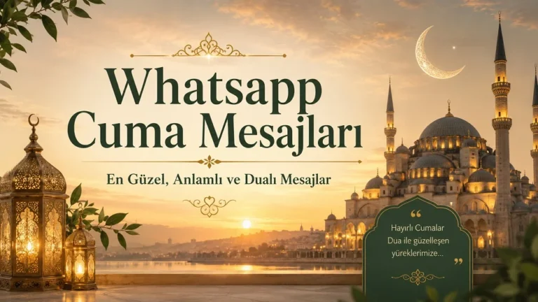 Gün batımı manzarasında cami, minareler, hilal, ışıklı kandiller ve “Whatsapp Cuma Mesajları” başlığı ile “En Güzel, Anlamlı ve Dualı Mesajlar” alt yazısı bulunan 16:9 Cuma mesajları kapak görseli.