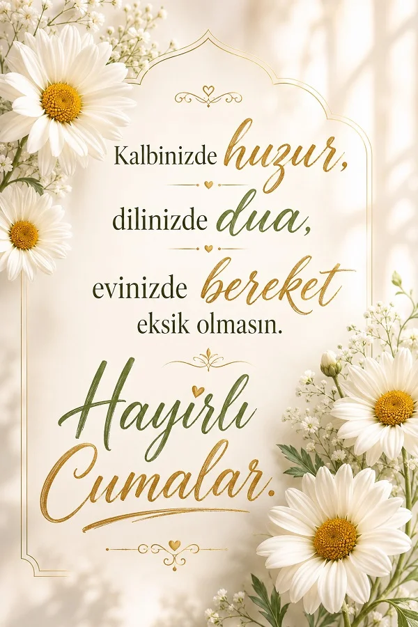 Papatyalarla çevrili görselde “Kalbinizde huzur, dilinizde dua, evinizde bereket eksik olmasın” sözleri yer alıyor.