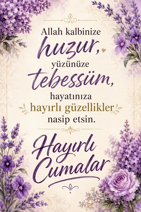Mor çiçeklerle bezeli görselde “Allah kalbinize huzur, yüzünüze tebessüm...” sözleri ve Hayırlı Cumalar mesajı bulunuyor.