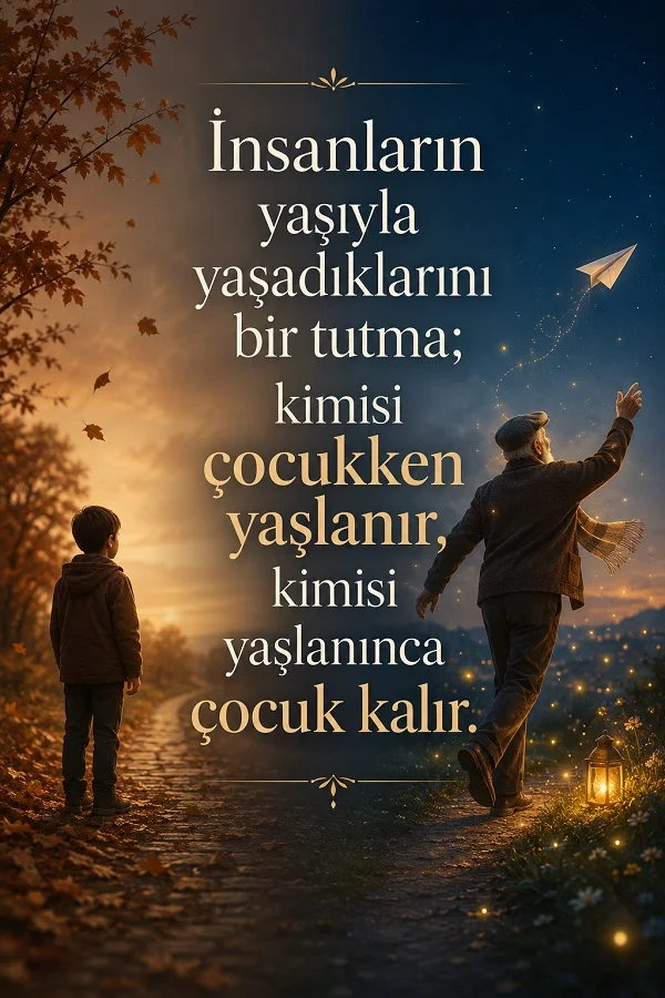Yolun bir yanında çocuk, diğer yanında kâğıt uçakla yürüyen yaşlı adam ve “İnsanların yaşıyla yaşadıklarını bir tutma; kimisi çocukken yaşlanır, kimisi yaşlanınca çocuk kalır.” sözü.