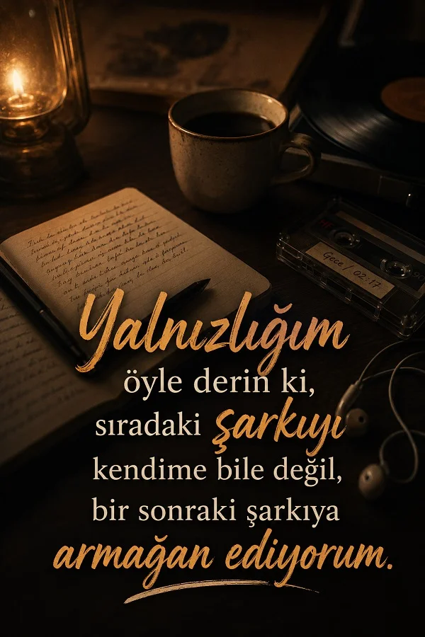 Masa üzerinde defter, fincan, kulaklık ve kaset ile “Yalnızlığım öyle derin ki, sıradaki şarkıyı kendime bile değil, bir sonraki şarkıya armağan ediyorum.” sözü.