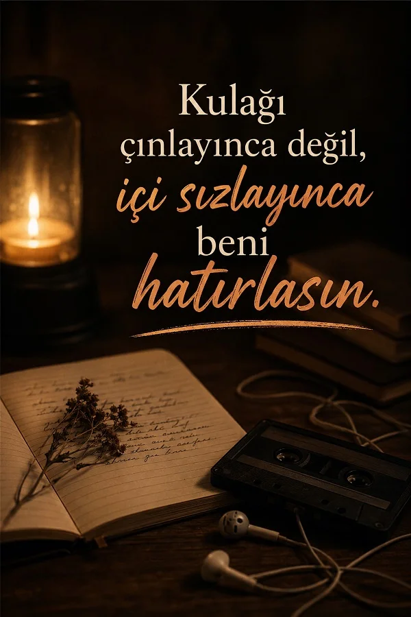 Loş ışıkta masa üzerinde defter, kurumuş çiçek, kaset ve kulaklık ile “Kulağı çınlayınca değil, içi sızlayınca beni hatırlasın.” sözü.