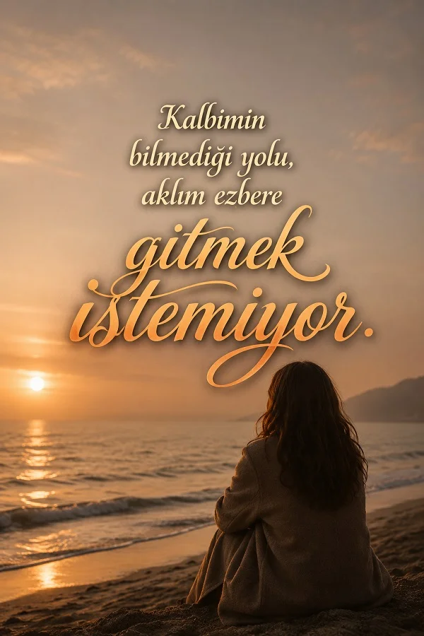 Deniz kenarında gün batımına karşı oturan kadın ve “Kalbimin bilmediği yolu, aklım ezbere gitmek istemiyor.” sözü.