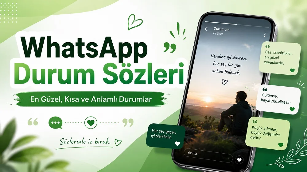 WhatsApp durum sözleri başlıklı yeşil beyaz kapak tasarımında telefon ekranı, kısa söz kutuları, kalp ve alıntı simgeleri yer alıyor.