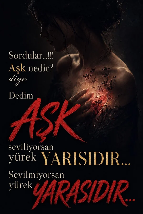 Yarı karanlık kadın silüeti ve aşkın sevilince yüreğin yarısı, sevilmeyince yüreğin yarası olduğunu anlatan duygusal söz.