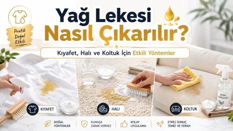 Kıyafet, halı ve koltuktaki yağ lekelerini temizleme yöntemlerini gösteren temizlik rehberi kapak görseli.