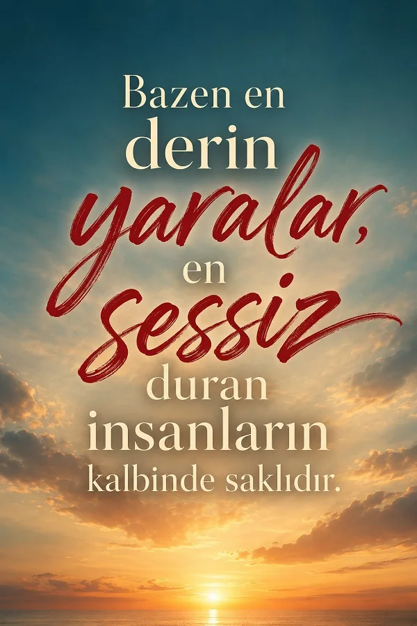 Gün batımı manzarası üzerinde “Bazen en derin yaralar, en sessiz duran insanların kalbinde saklıdır.” sözünün yer aldığı duygusal anlamlı söz görseli.
