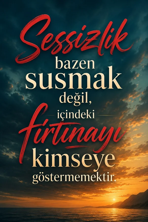 Bulutlu gökyüzü ve gün batımı manzarası üzerinde “Sessizlik bazen susmak değil, içindeki fırtınayı kimseye göstermemektir.” sözünün yer aldığı anlamlı söz görseli.