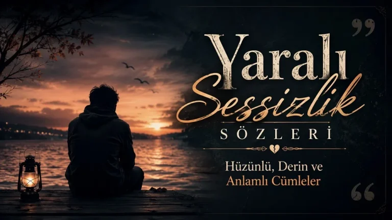 Yaralı Sessizlik Sözleri yazısının yer aldığı, gün batımında göl kenarında yalnız oturan kişi silüeti, fener ışığı ve hüzünlü atmosfer detayları bulunan kapak görseli.