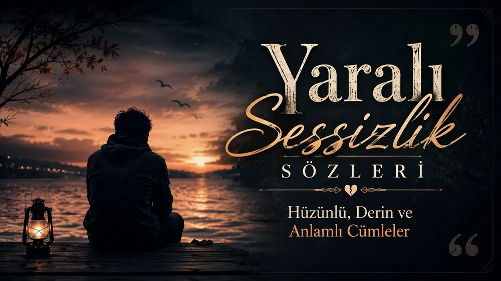 Yaralı Sessizlik Sözleri yazısının yer aldığı, gün batımında göl kenarında yalnız oturan kişi silüeti, fener ışığı ve hüzünlü atmosfer detayları bulunan kapak görseli.