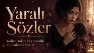 Yaralı Sözler yazısının yer aldığı, kalbine dokunan üzgün kadın figürü, solgun güller ve loş ışık detaylarıyla hazırlanmış hüzünlü kapak görseli.
