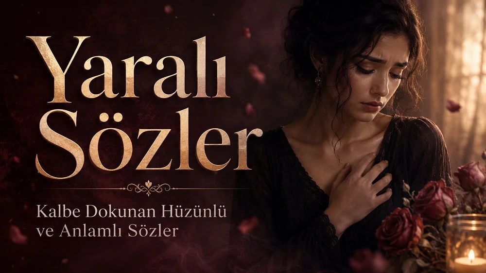 Yaralı Sözler yazısının yer aldığı, kalbine dokunan üzgün kadın figürü, solgun güller ve loş ışık detaylarıyla hazırlanmış hüzünlü kapak görseli.