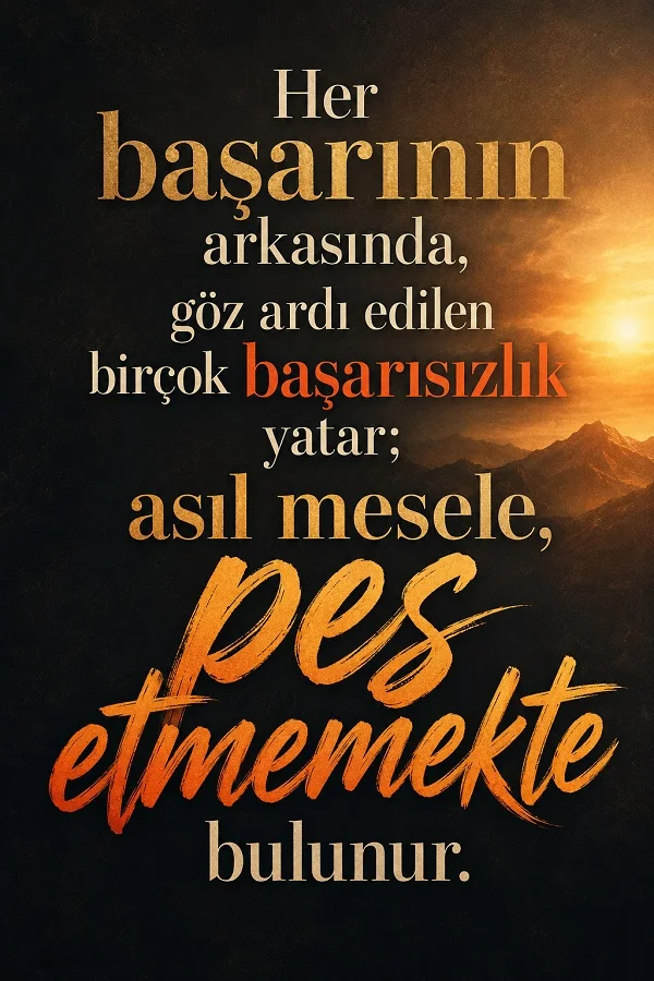 Karanlık dağ manzarası ve gün doğumu eşliğinde “Her başarının arkasında, göz ardı edilen birçok başarısızlık yatar; asıl mesele, pes etmemekte bulunur.” sözü.