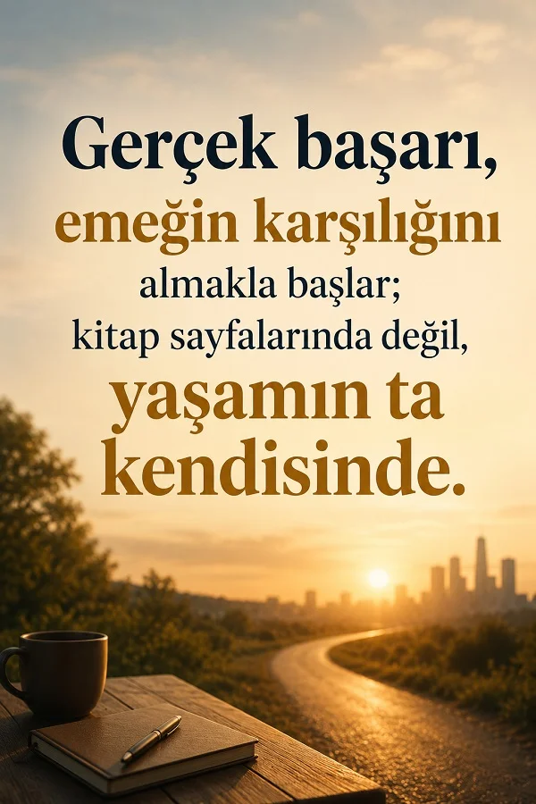 Masa üzerindeki defter ve kahve fincanı önünde gün doğumu manzarasıyla “Gerçek başarı, emeğin karşılığını almakla başlar; kitap sayfalarında değil, yaşamın ta kendisinde.” sözü.