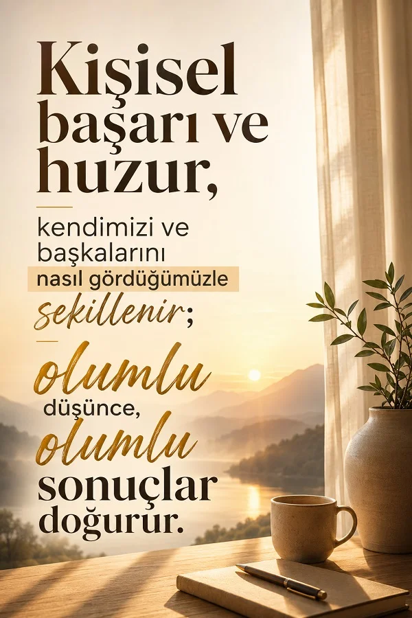 Pencere önünde fincan, defter ve bitki bulunan sakin bir ortamda “Kişisel başarı ve huzur, kendimizi ve başkalarını nasıl gördüğümüzle şekillenir; olumlu düşünce, olumlu sonuçlar doğurur.” sözü.
