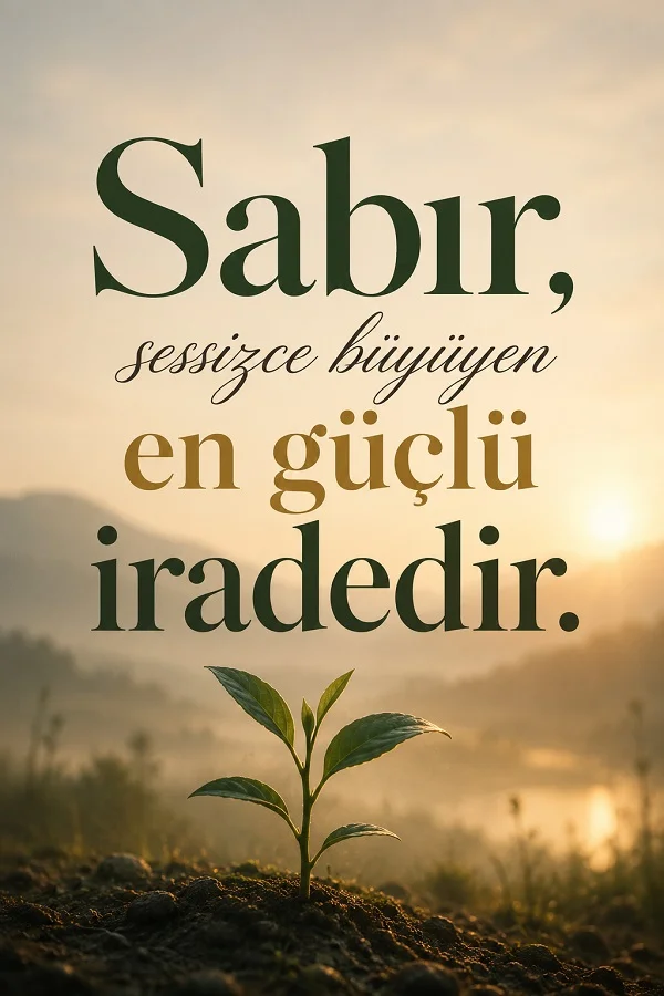 Topraktan çıkan küçük yeşil filiz önünde yumuşak gün ışığıyla “Sabır, sessizce büyüyen en güçlü iradedir.” sözü.