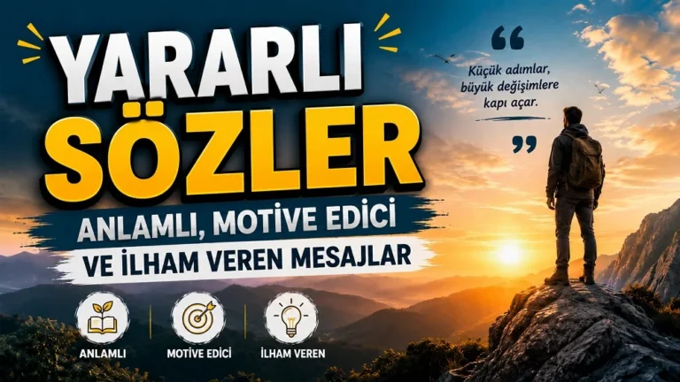 Dağ manzarası, gün doğumu ve zirvede duran kişiyle hazırlanmış motive edici “Yararlı Sözler” kapak görseli.