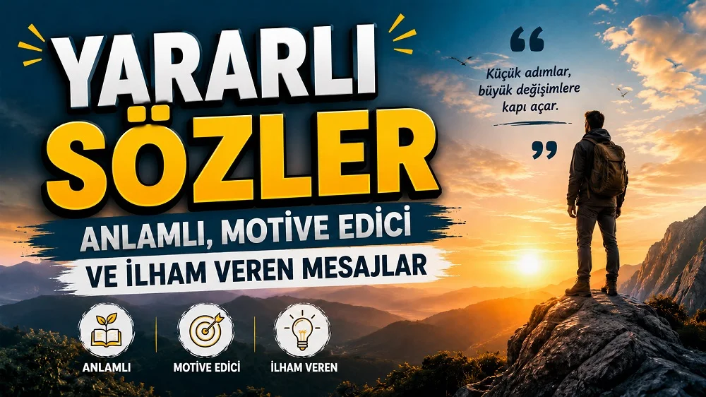 Dağ manzarası, gün doğumu ve zirvede duran kişiyle hazırlanmış motive edici “Yararlı Sözler” kapak görseli.