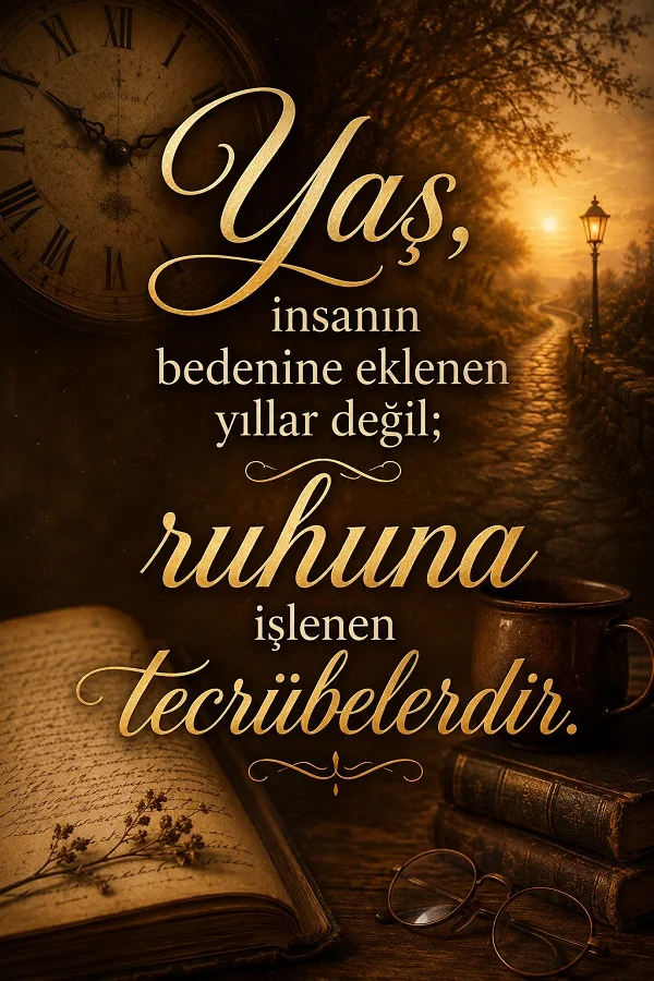 Eski saat, kitap ve gözlüklerin yer aldığı nostaljik tasarımda “Yaş, insanın bedenine eklenen yıllar değil; ruhuna işlenen tecrübelerdir.” sözü yazıyor.