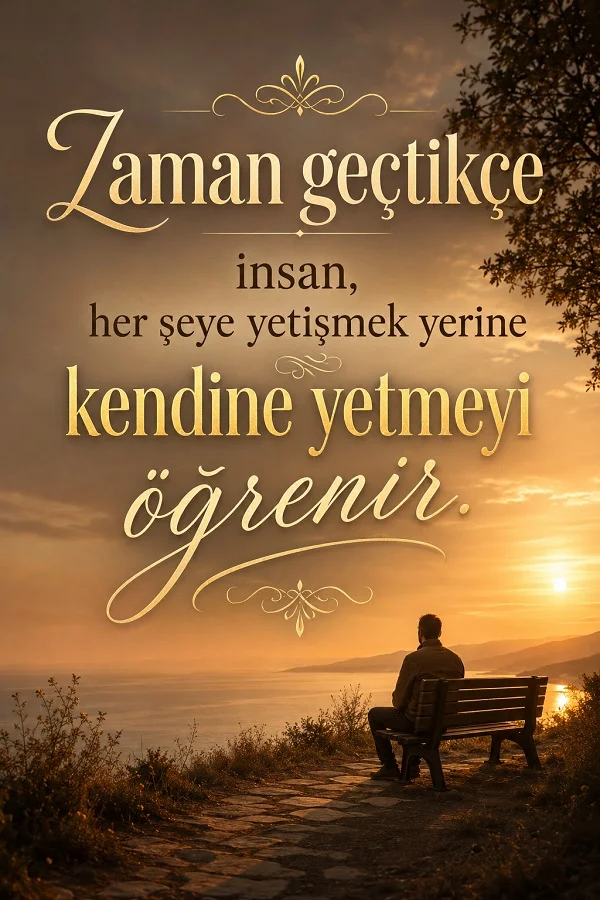 Deniz kenarında bankta oturan bir kişinin bulunduğu gün batımı temalı tasarımda “Zaman geçtikçe insan, her şeye yetişmek yerine kendine yetmeyi öğrenir.” sözü yazıyor.