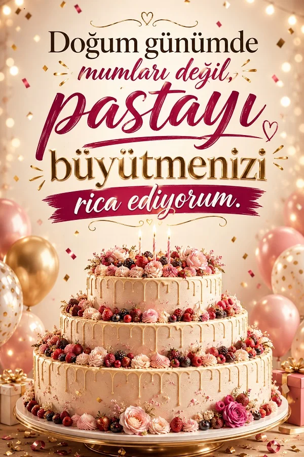 Büyük katlı doğum günü pastası ve balonlarla hazırlanan renkli tasarımda “Doğum günümde mumları değil, pastayı büyütmenizi rica ediyorum.” sözü yer alıyor.