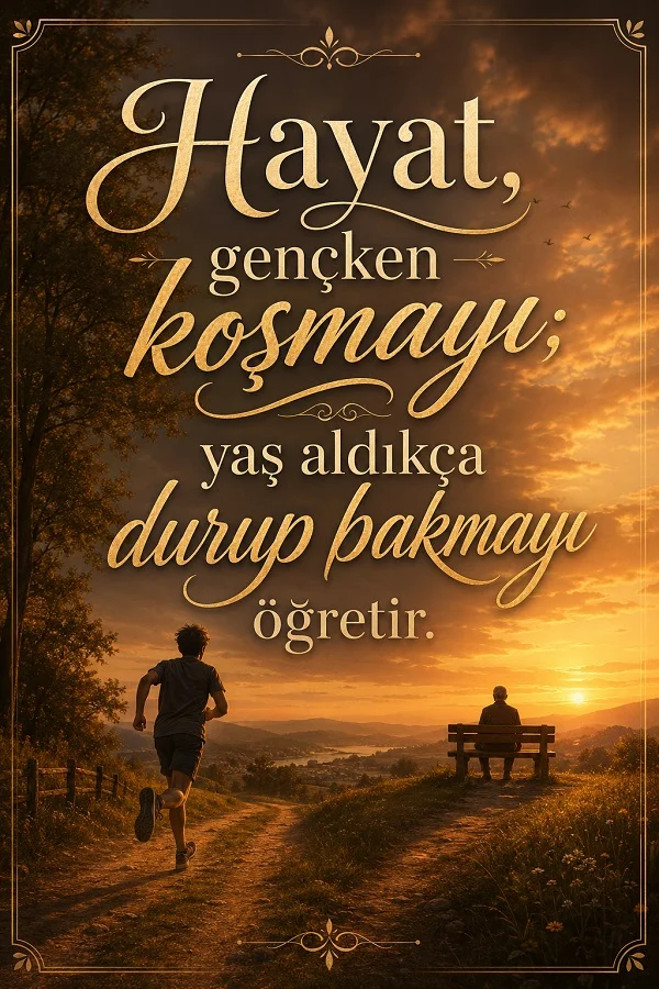 Koşan genç bir figür ile bankta oturan yaşlı bir kişinin yer aldığı gün batımı tasarımında “Hayat, gençken koşmayı; yaş aldıkça durup bakmayı öğretir.” sözü bulunuyor.