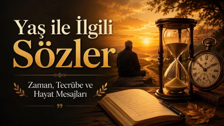Kum saati, eski cep saati, açık defter ve gün batımına bakan yaşlı bir figürün yer aldığı Yaş ile İlgili Sözler kapak görseli.