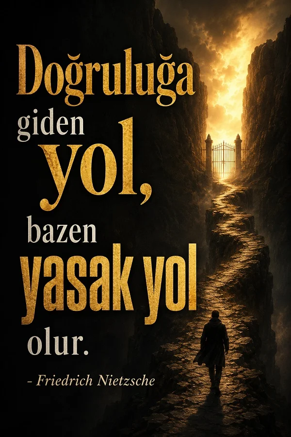 Kayalık geçitte yürüyen bir insanın ve uzakta aydınlık bir kapının yer aldığı görselde “Doğruluğa giden yol, bazen yasak yol olur. - Friedrich Nietzsche” sözü yazıyor.