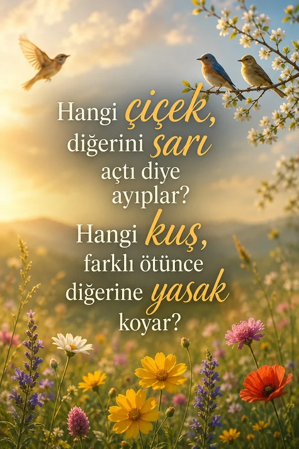 Çiçekli bir kırda kuşların bulunduğu görselde “Hangi çiçek, diğerini sarı açtı diye ayıplar? Hangi kuş, farklı ötünce diğerine yasak koyar?” sözü yer alıyor.