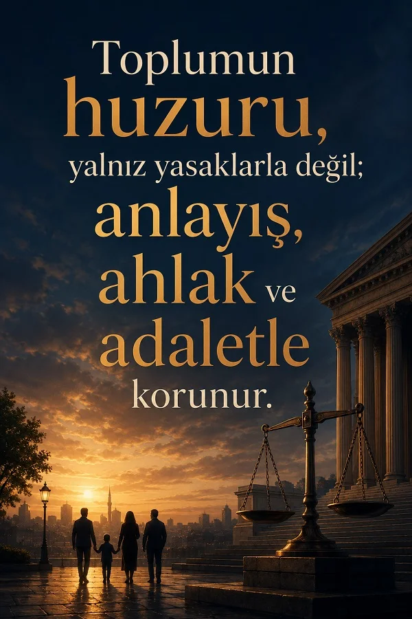 Adalet terazisi, resmi bina ve gün batımında yürüyen aile figürlerinin yer aldığı görselde “Toplumun huzuru, yalnız yasaklarla değil; anlayış, ahlak ve adaletle korunur.” sözü yazıyor.