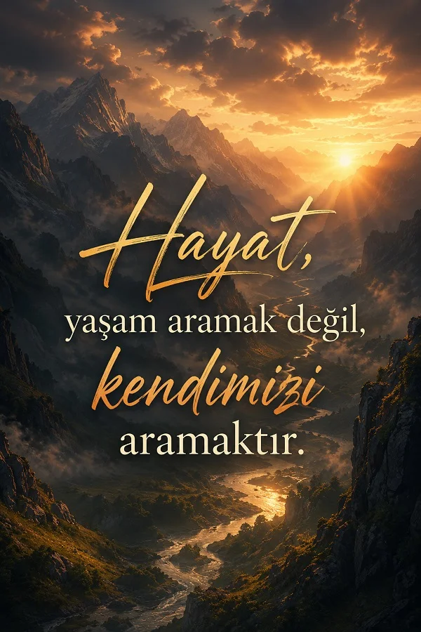 Gün batımında dağlar ve vadiler arasında uzanan etkileyici manzara üzerinde “Hayat, yaşam aramak değil, kendimizi aramaktır” sözünün yer aldığı anlamlı yaşam sözü tasarımı.