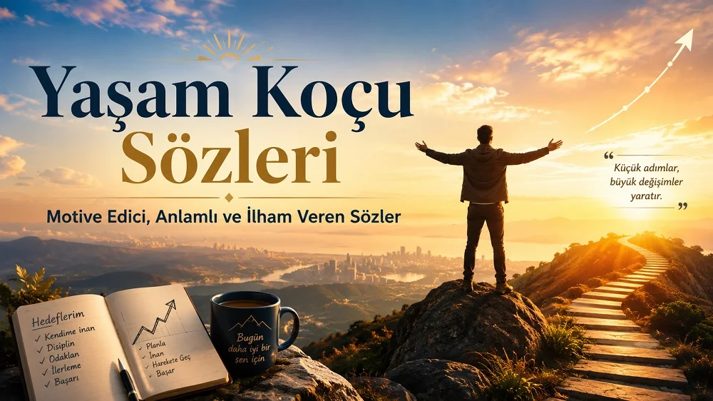 Gün doğumunda zirvede duran bir kişinin yer aldığı, hedef defteri ve ilham verici detaylarla hazırlanmış Yaşam Koçu Sözleri kapak görseli.