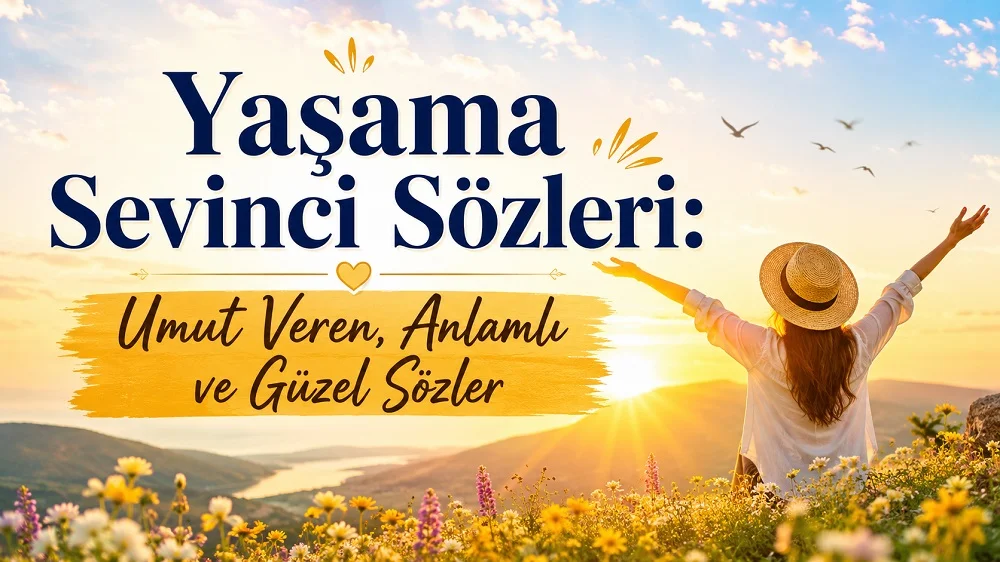 Gün doğumunda çiçekli bir tepede kollarını açan kadın ve üzerinde Yaşama Sevinci Sözleri yazısı bulunan umut verici kapak görseli.